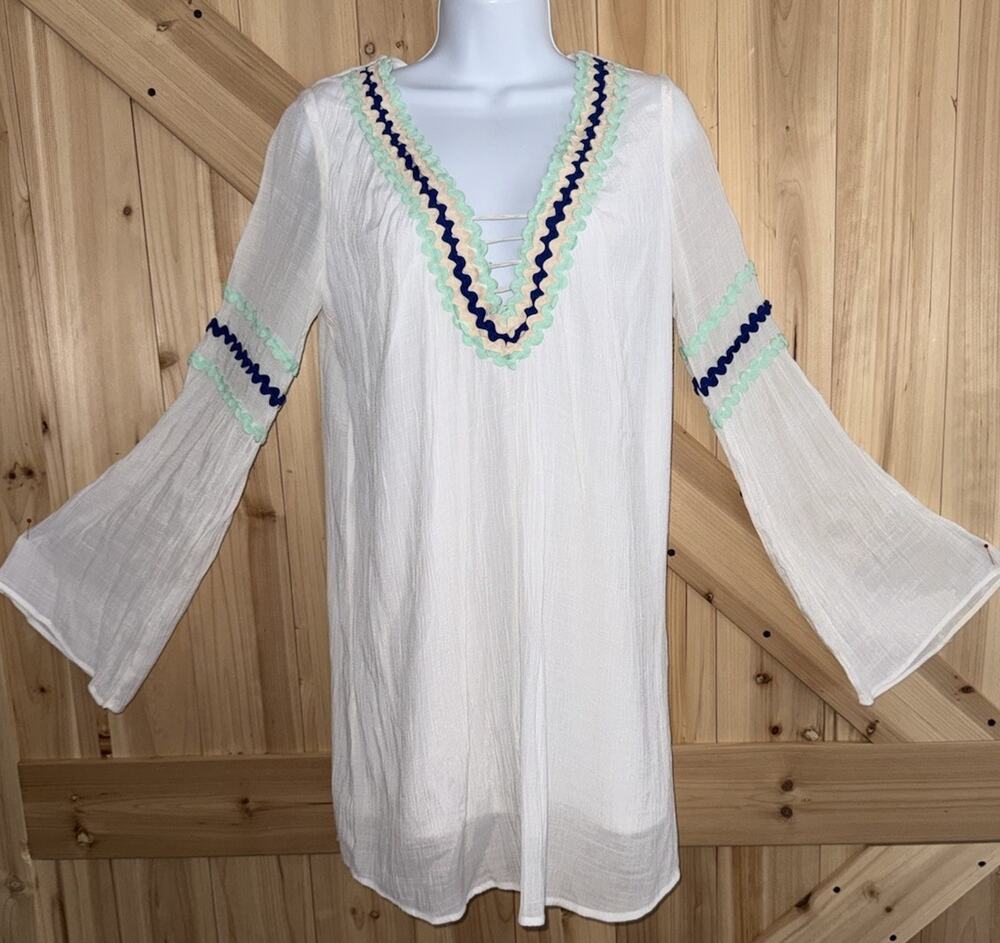 Judith March White Blue Gauze Tunic Top Coverup Vacation Resort Beach Club Sz M